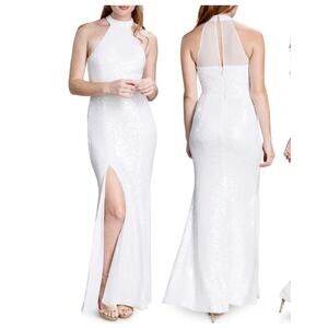 DRESS THE POPULATION Samara Sequin Halter Neck White Gown Wedding Size S NWOT